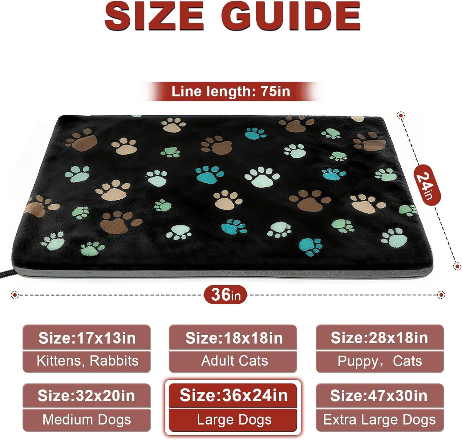 Large Dog Heating Pad 36X24 in with Smart Thermostat Switch and Power Line Protection Tube,Obtained MET and UL Dual Certification,Waterproof Pet Heating Pad for Dogs,With Plush Fabric Cover