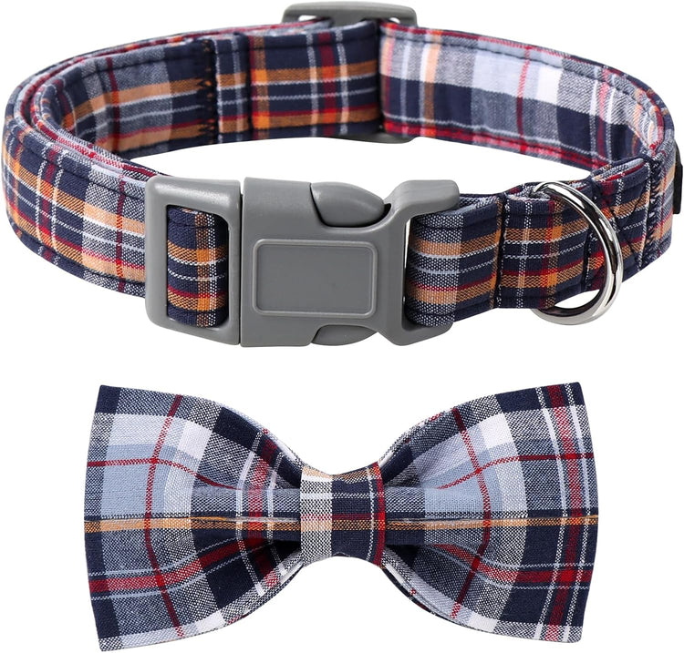 Adjustable Dog & Cat Collar with Bowtie – Grid Pattern, Plastic Buckle, Fits Small to Large Pets