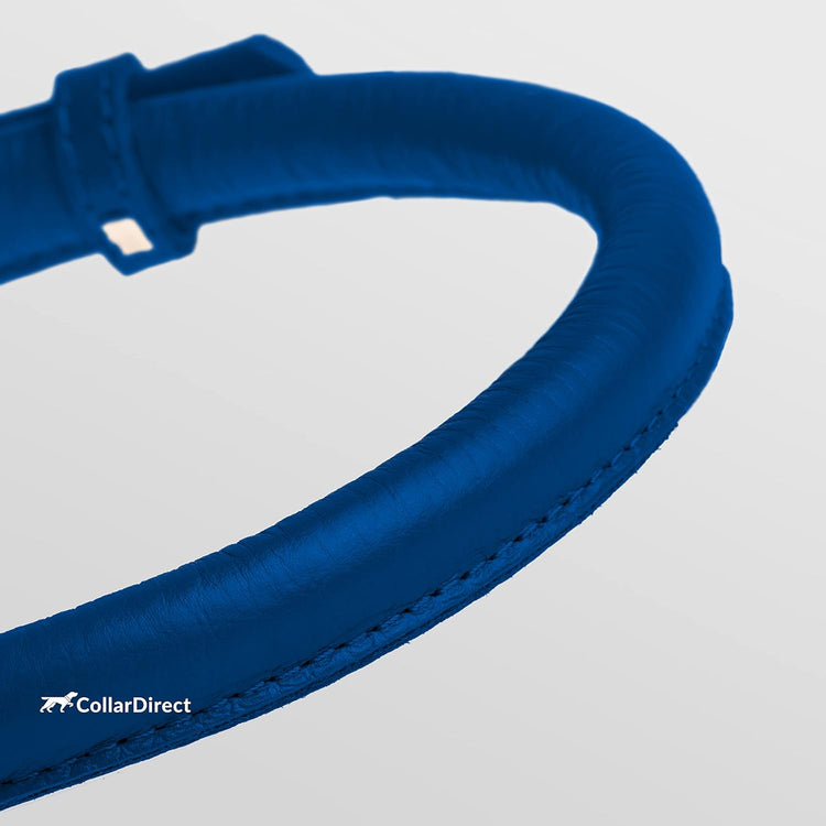 Rolled Leather Dog Collar, Soft Padded round Puppy Collar, Handmade Genuine Leather Collar Dog Small Large Cat Collars 13 Colors (13-16 Inch, Deep Blue Textured)