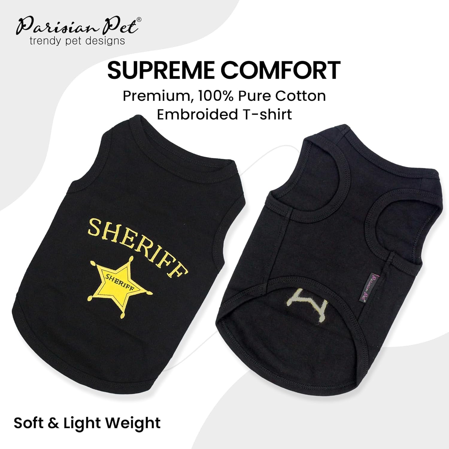 Dog Tshirt - Embroidered “ Sheriff “ Dogs Apparel - Lightweight and Skin Friendly Dog Clothes - Sleeveless Doggy Tee Shirts - Machine Washable Shirt for Large Dogs - XL