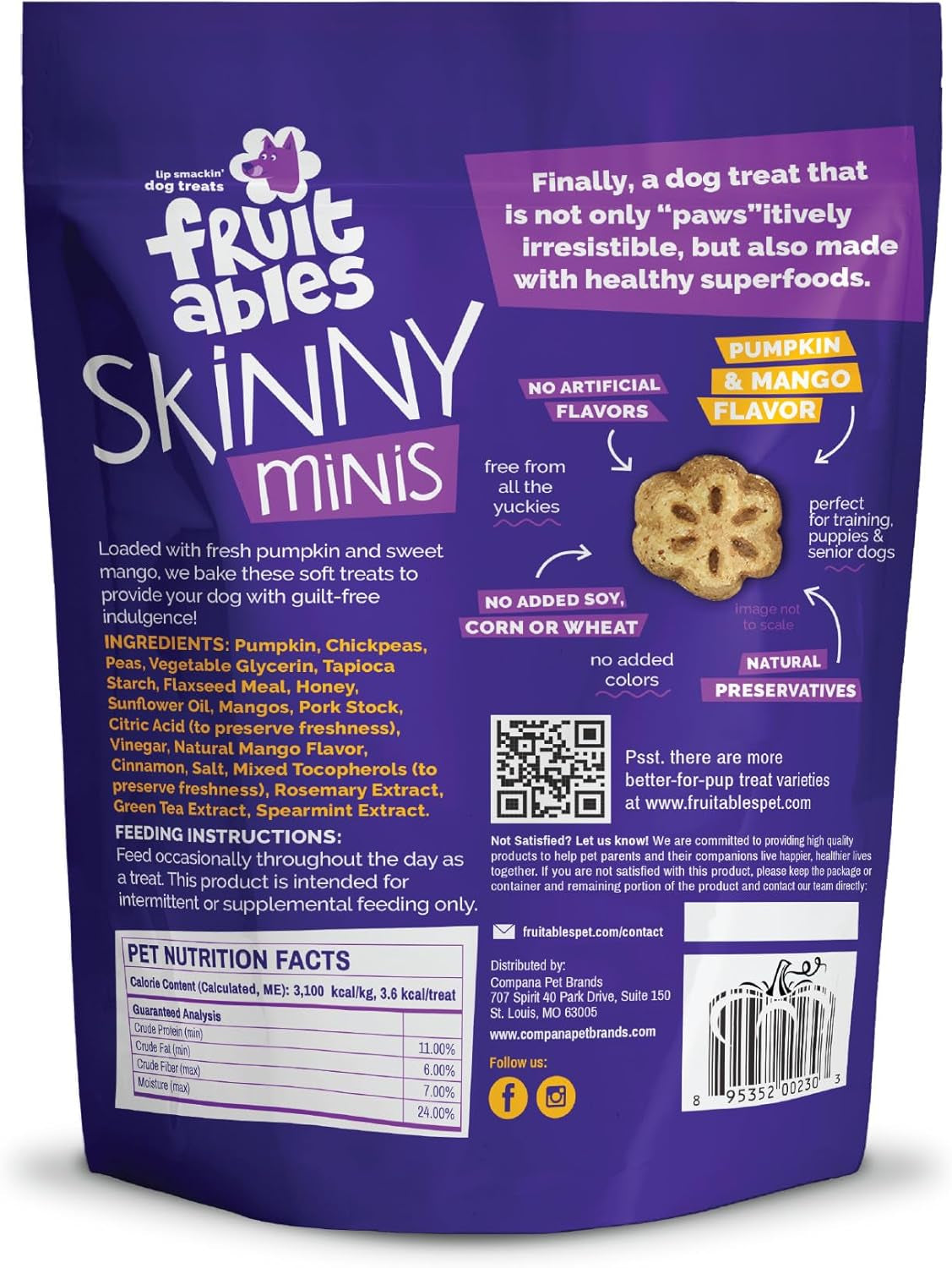 Skinny Mini Dog Treats, Healthy Pumpkin Treat for Dogs, Low Calorie & Delicious, Puppy Training, Free of Wheat, Corn and Soy, Made in the USA, Pumpkin and Mango Flavor, 5Oz
