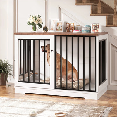 Wooden Dog Crate Furniture – 47" Indoor Cage Table with Sliding Doors (White)
