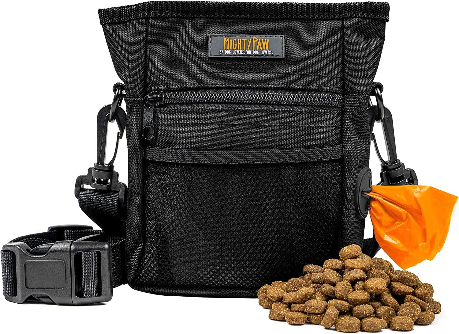 Dog Treat Training Pouch – No-Spill Magnetic Closure, Hands-Free with Built-in Poop Bag Holder, Black