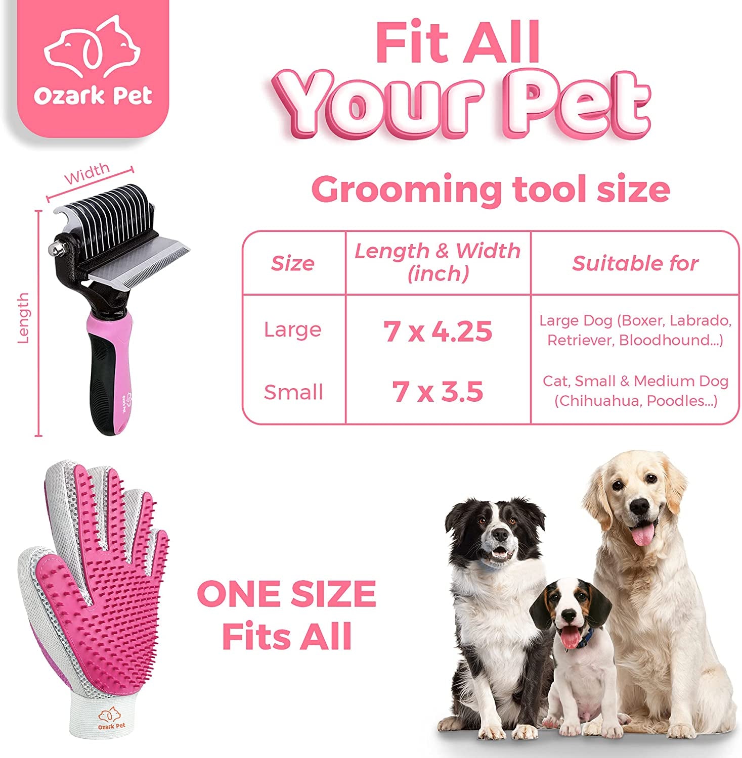 Dog & Cat Shedding Brush – Dematting Tool and Glove, Reduces Shedding up to 95%, Pink