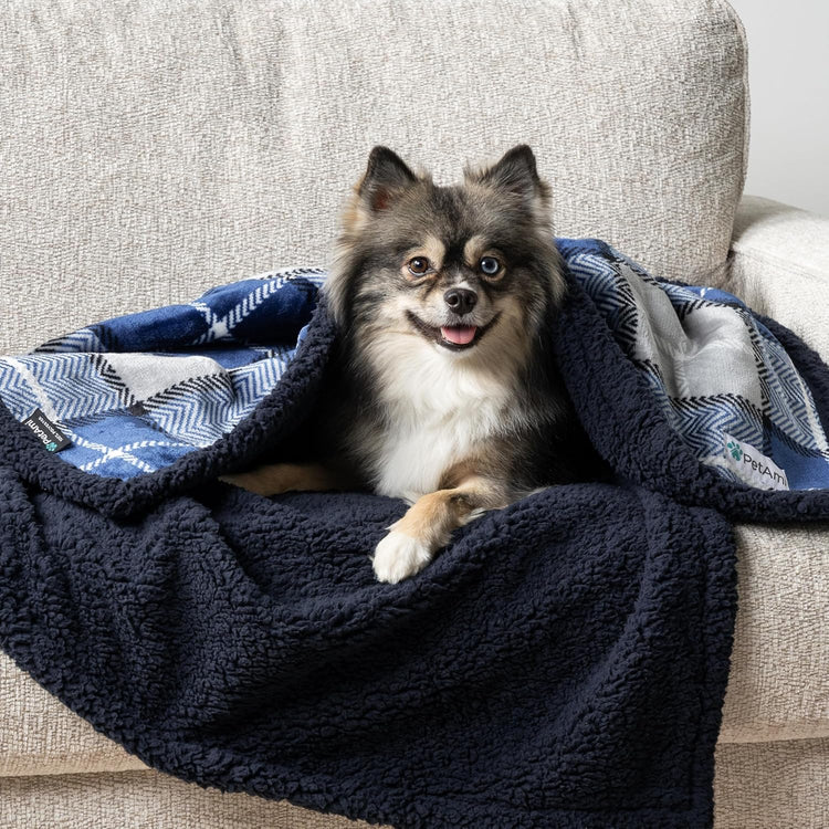 Waterproof Dog Blanket for Small & Medium Dogs & Cats – Reversible Sherpa Fleece, 29x40, Navy Plaid