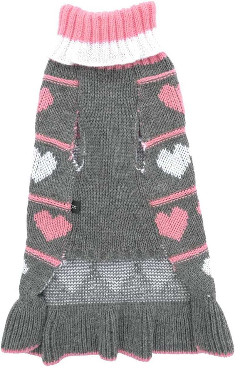 Pet Dog Long Sweaters Dress Knitwear Turtleneck Pullover Warm Winter Puppy Sweater Long Dresses (Grey Heart, Small)