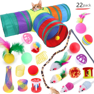 Cat Toys Pack 22PCS, Interactive Kitten Toys for Indoor Cats Kitty with Collapsible Play Tunnel Feather Wand Teaser Bell Fuzzy Ball Springs Mouse Toys